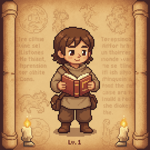 Pixel art character holding a book